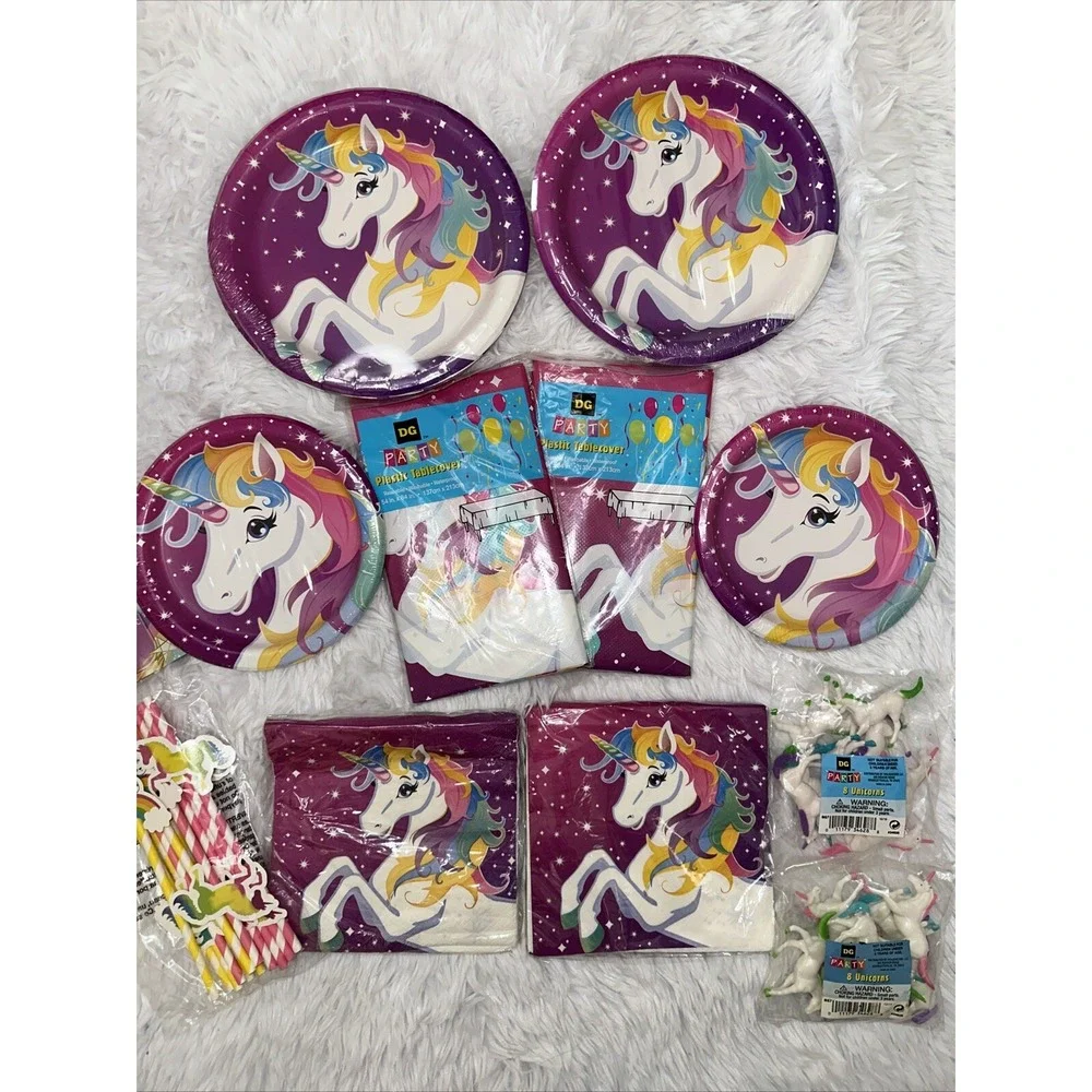 NEW DG Party Unicorn Pink Dessert Plates Tablecovers Table Cloths Napkins Favor